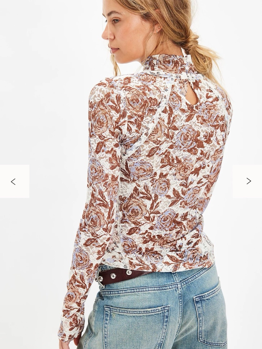 Free People Floral Lace Mock-Neck Top - Brown/White size M